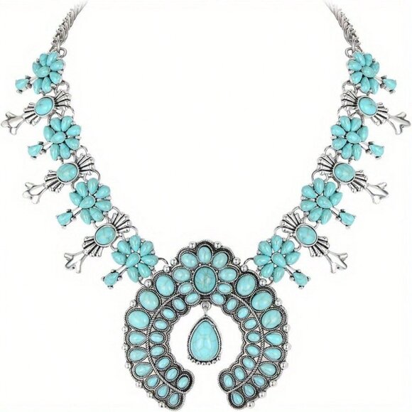 Women's Bohemian Blue faux Turquoise stone Collar Necklace - Picture 2 of 5